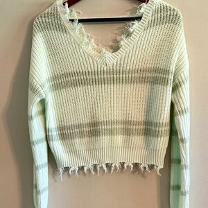 Rue21 V-Neck Frayed Hem Sweater - Green and Gray size med